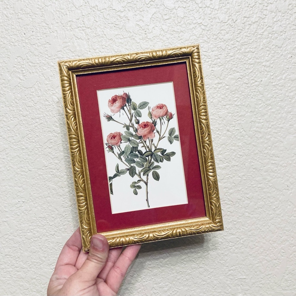 Vintage Red Roses Floral Botanical Framed Art Gold Ornate Romantic Elegant